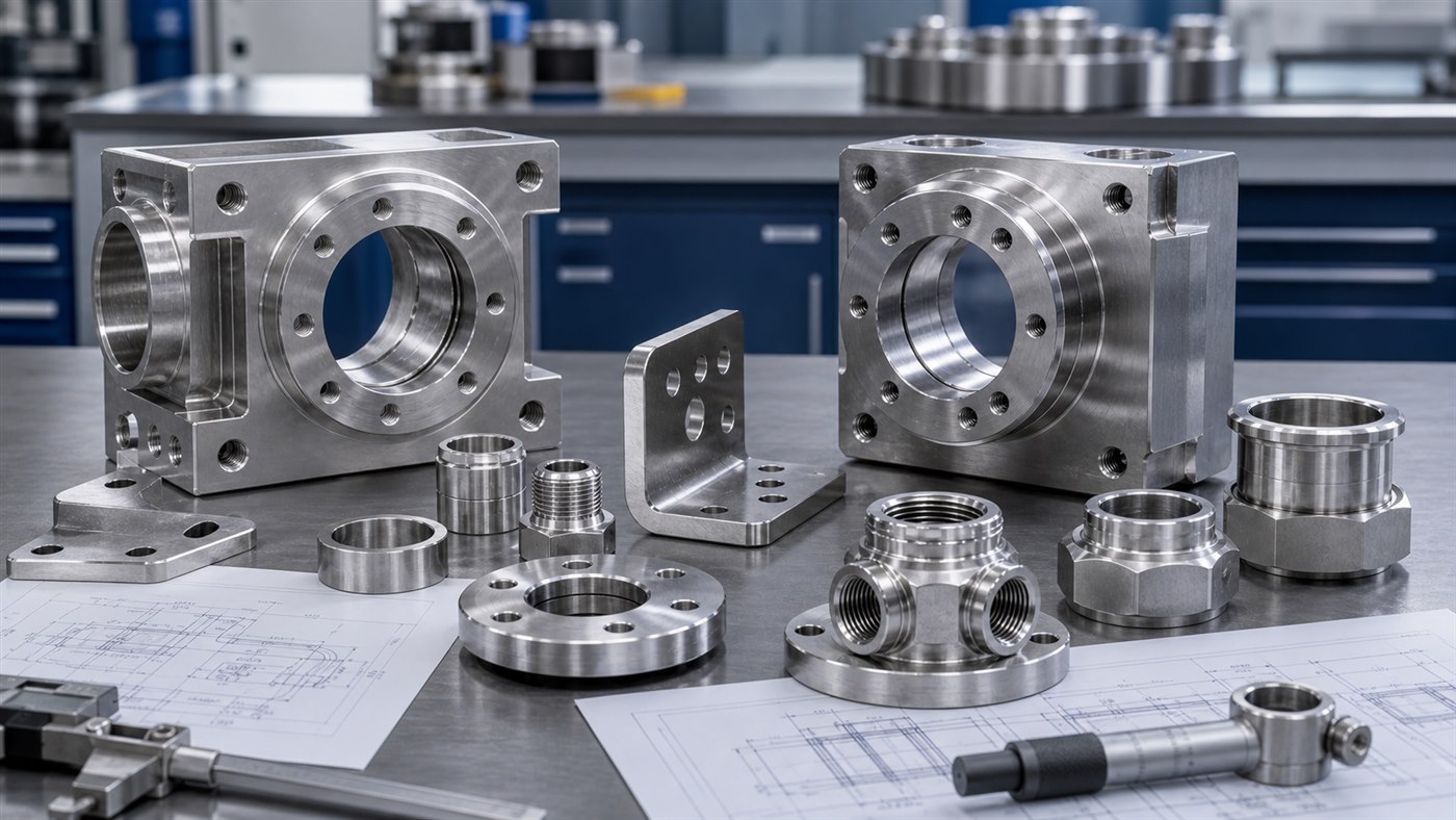 Stainless steel 304 and 316 machined housings brackets and fittings on an engineering review bench