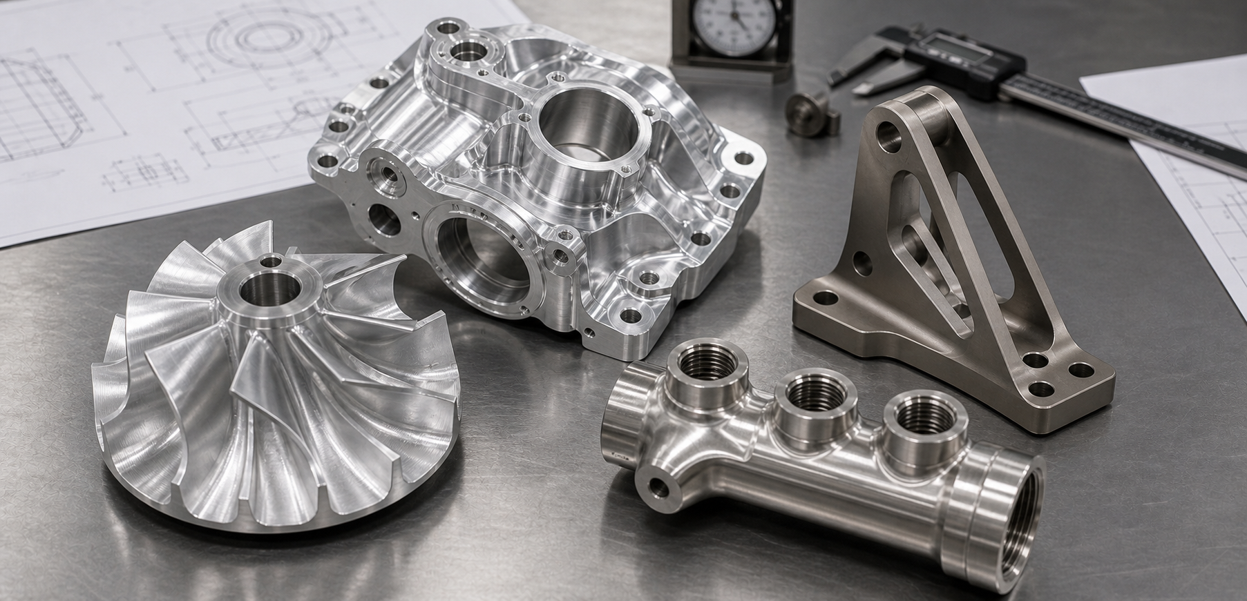 5-axis CNC machined aluminum impeller style and multi-face housing parts on a clean engineering workbench