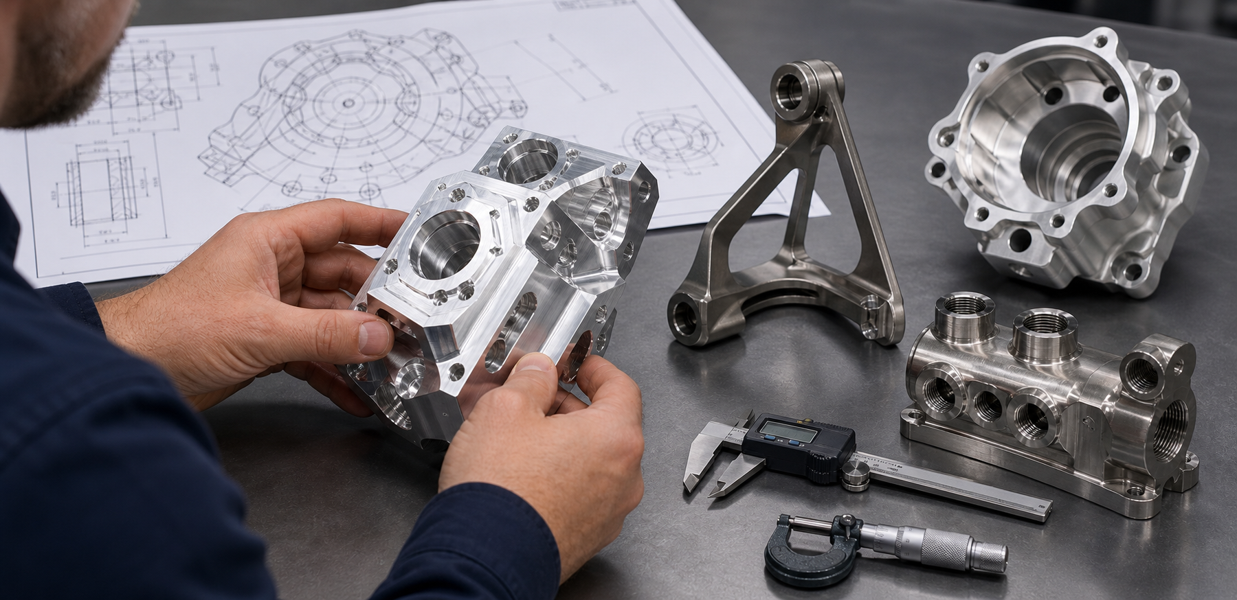 Engineer reviewing a multi-face machined manifold and contoured metal parts for 5-axis CNC machining