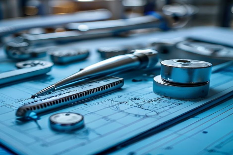 Engineer reviewing an aerospace part drawing beside machined components and dimensional inspection tools