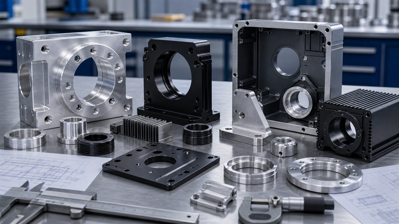 aluminum-anodizing-ai-hero.jpg Anodized aluminum machined parts in clear black and dark gray finish samples on an engineering bench