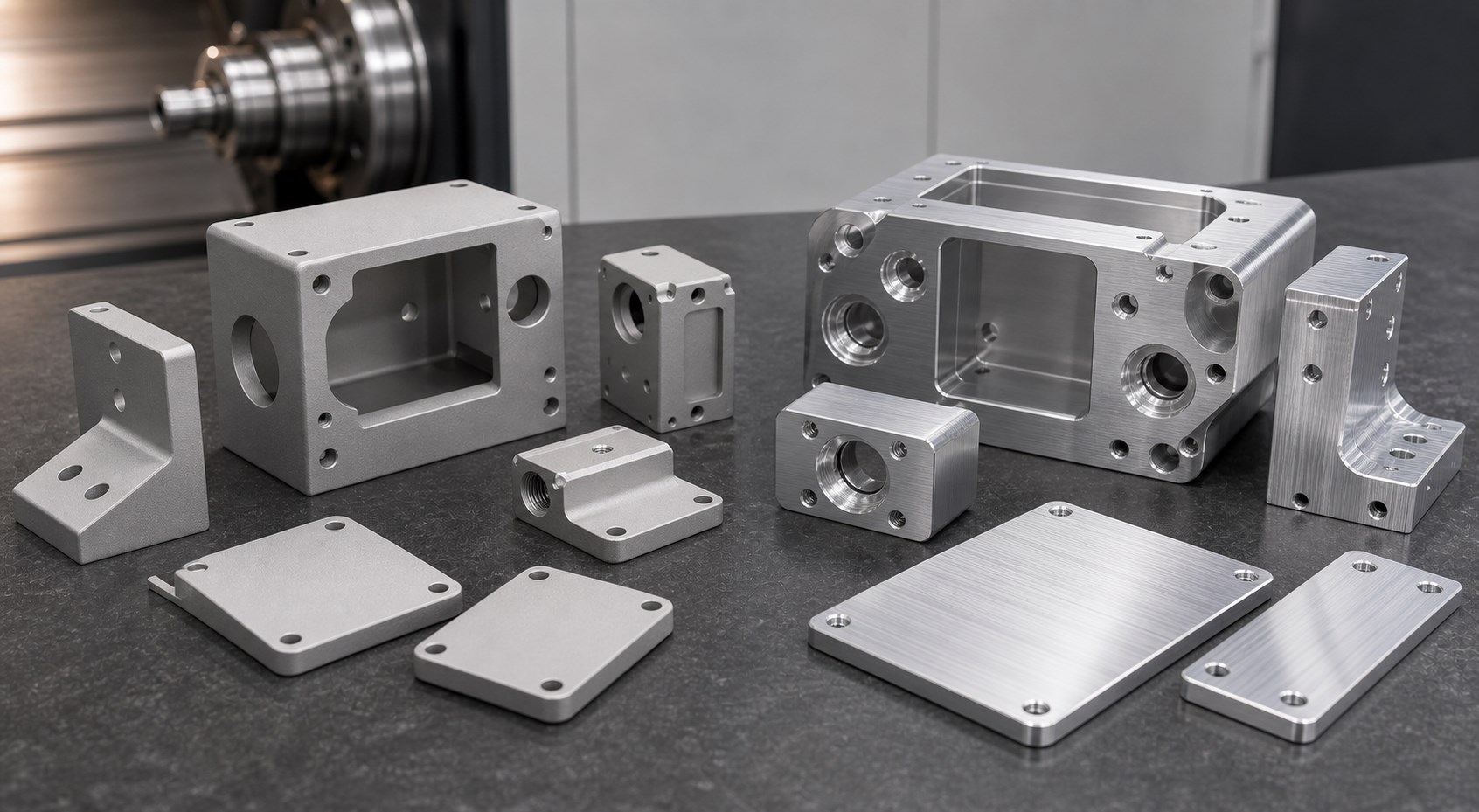 bead-blasting-brushing-ai-hero.jpg Bead blasted and brushed aluminum sample parts showing matte texture and directional grain comparison