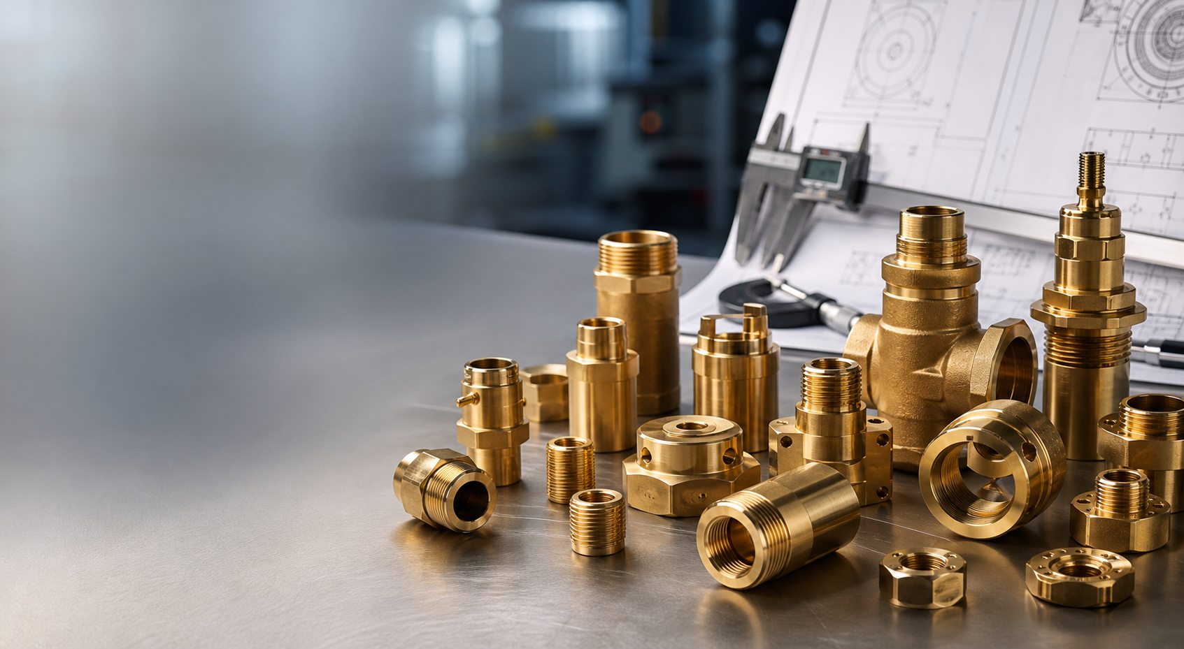 Brass CNC Machining Hero CNC machined brass fittings connectors and precision turned parts on an inspection surface