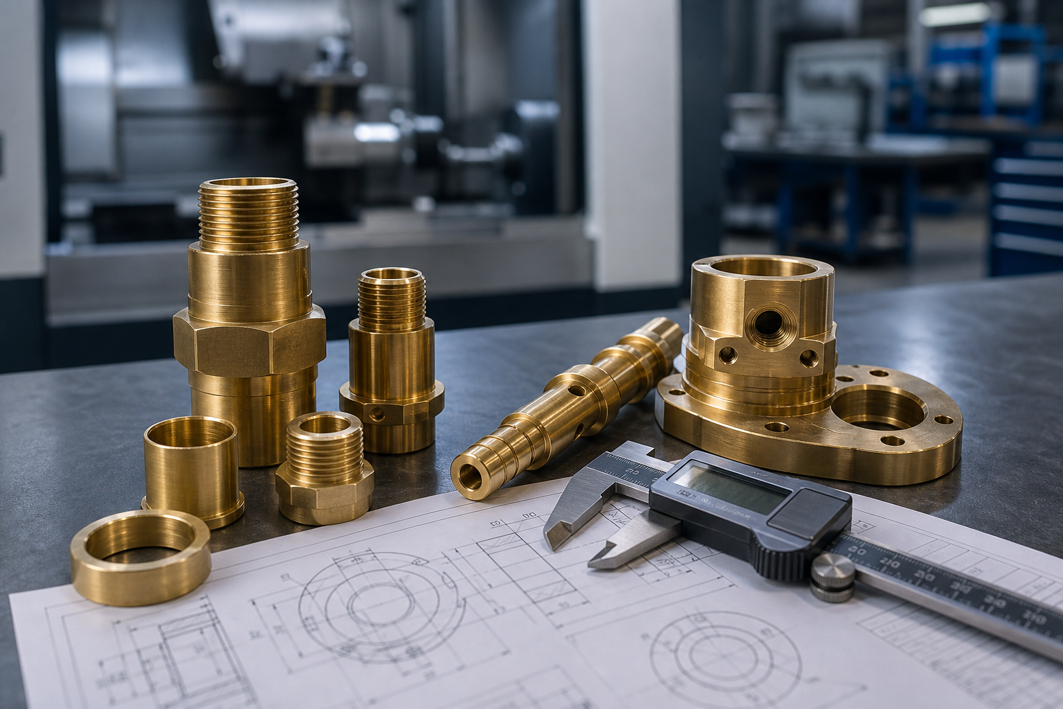 Brass CNC Machining Support Machined brass sample parts with caliper and drawing on a workbench