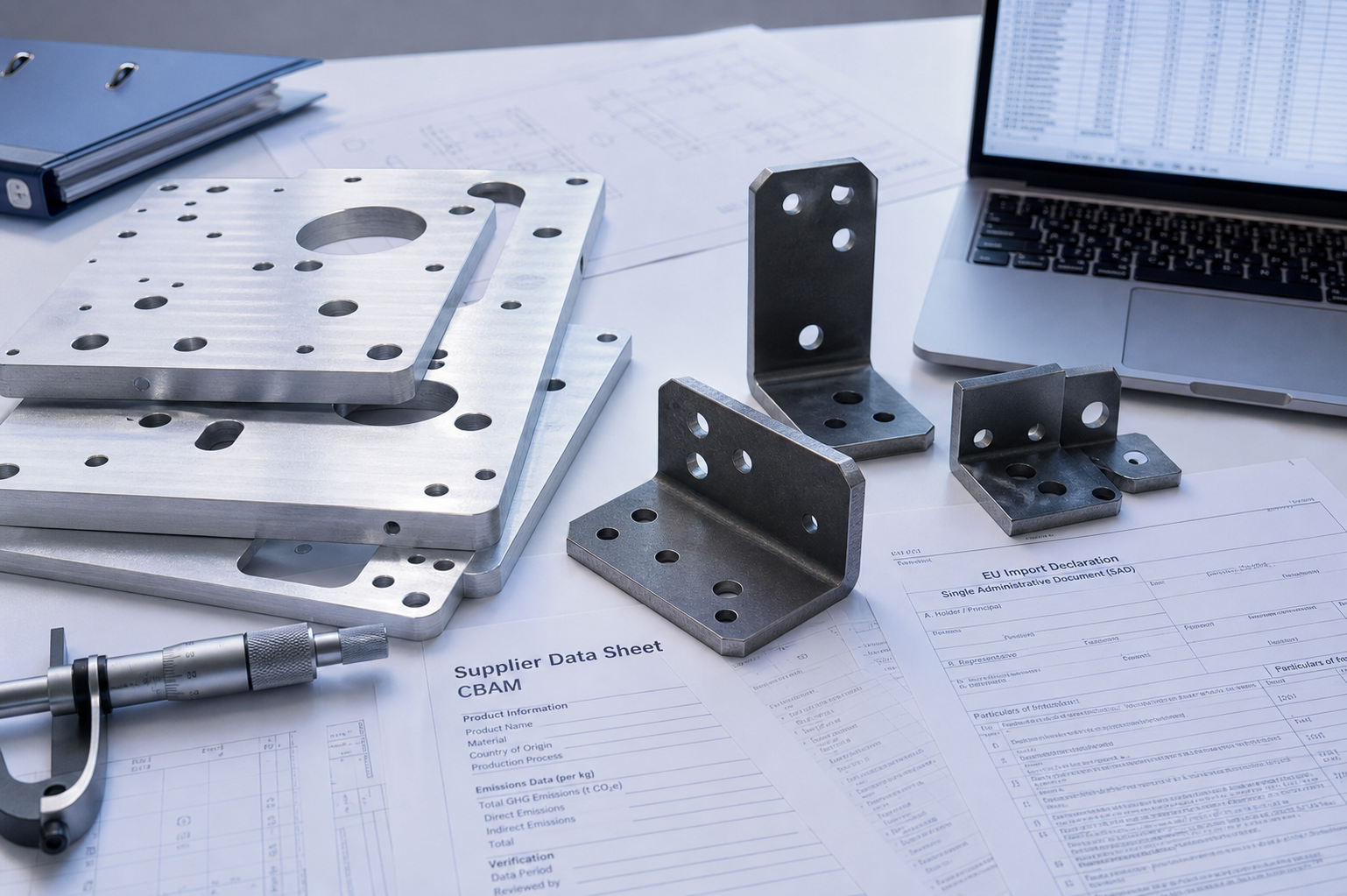 cbam-support-metal-parts-hero.png Aluminum and steel machined parts with CBAM supplier data forms and EU import RFQ checklist