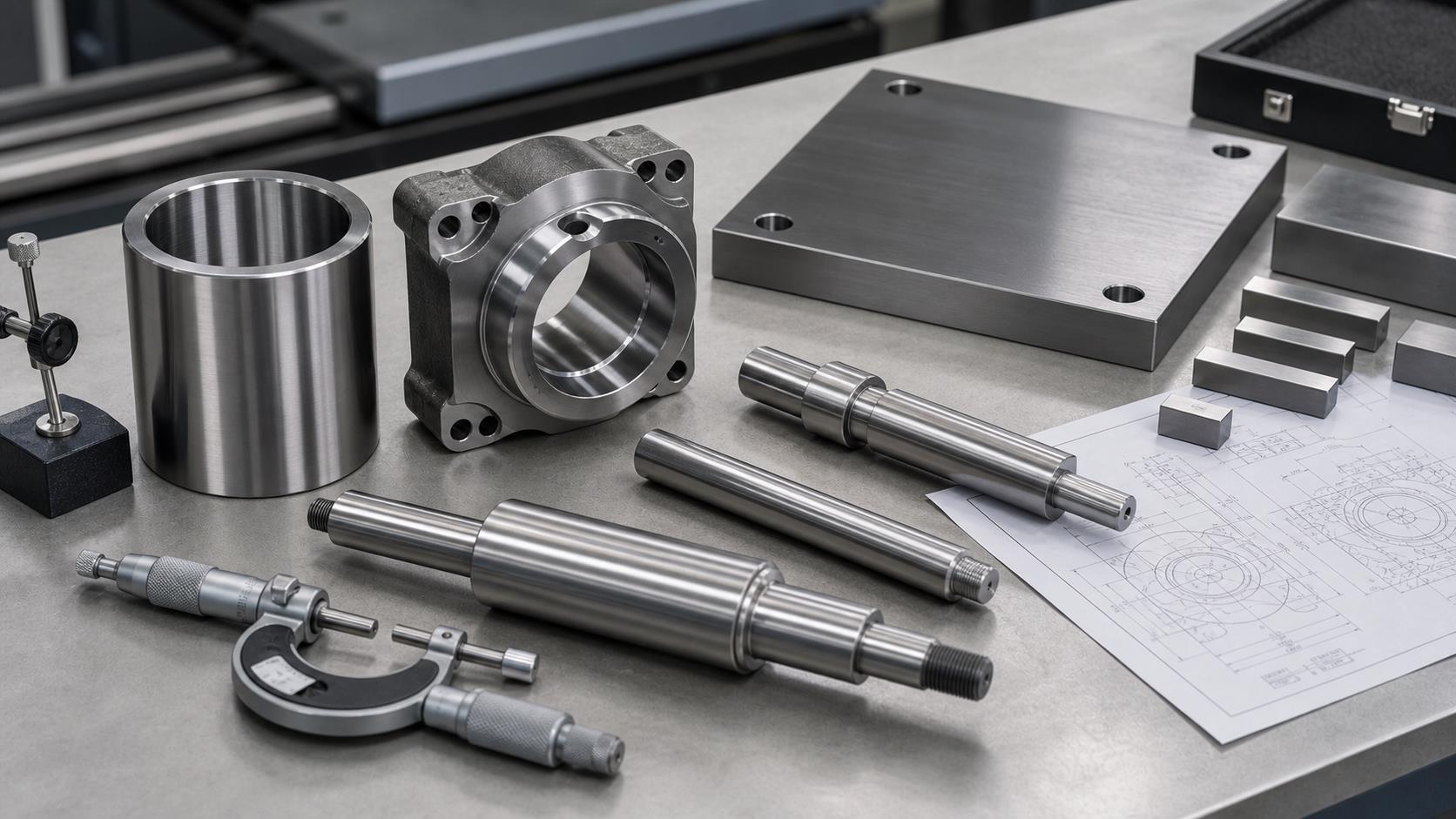 cnc-grinding-services-ai-hero.jpg Cylindrical and surface ground components with gauge blocks micrometers and finish inspection context