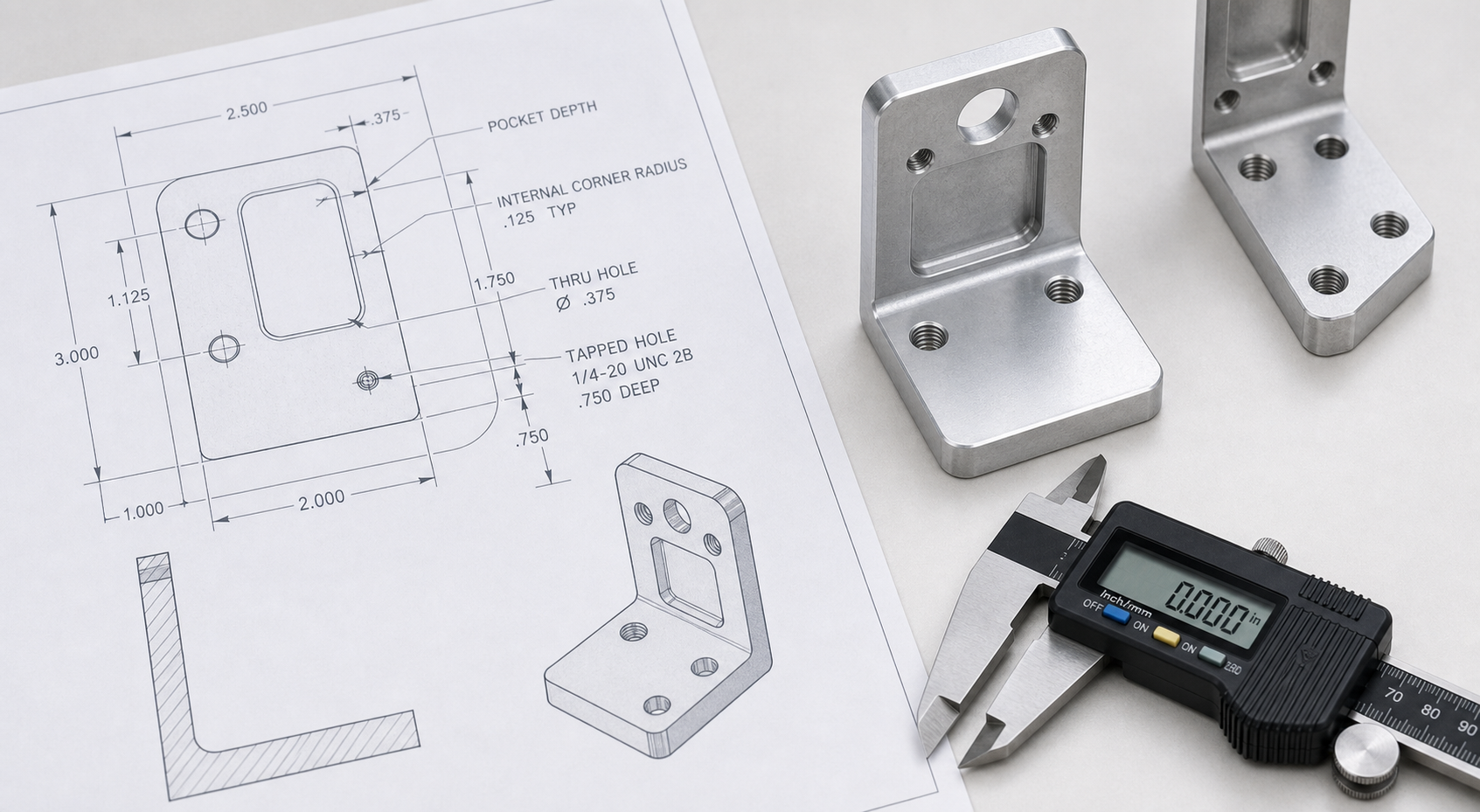 CNC design guideline support image Engineer checking pocket depth, corner radius and hole features on CNC part drawings