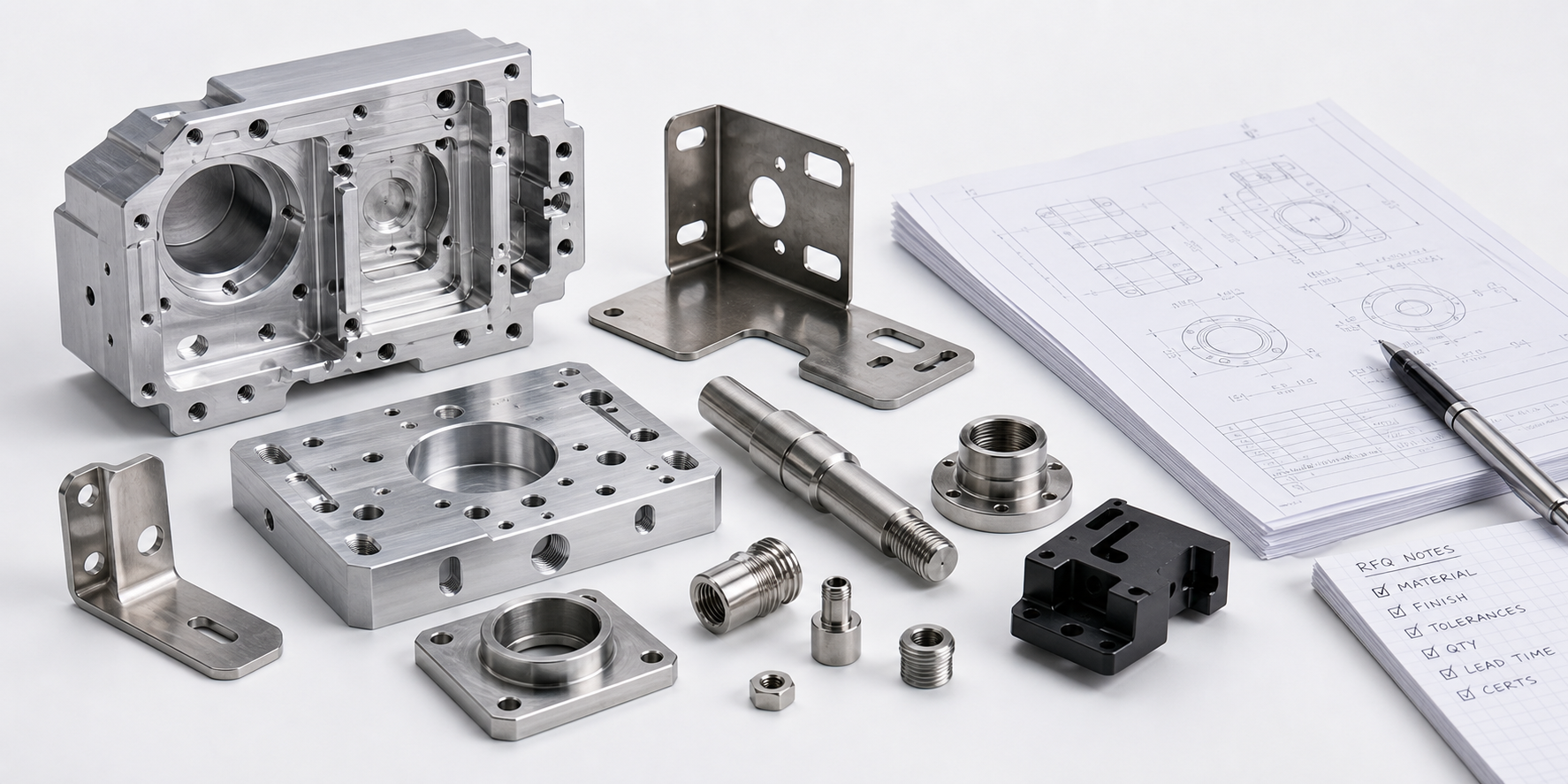 machined aluminum and stainless steel parts arranged beside an RFQ drawing package