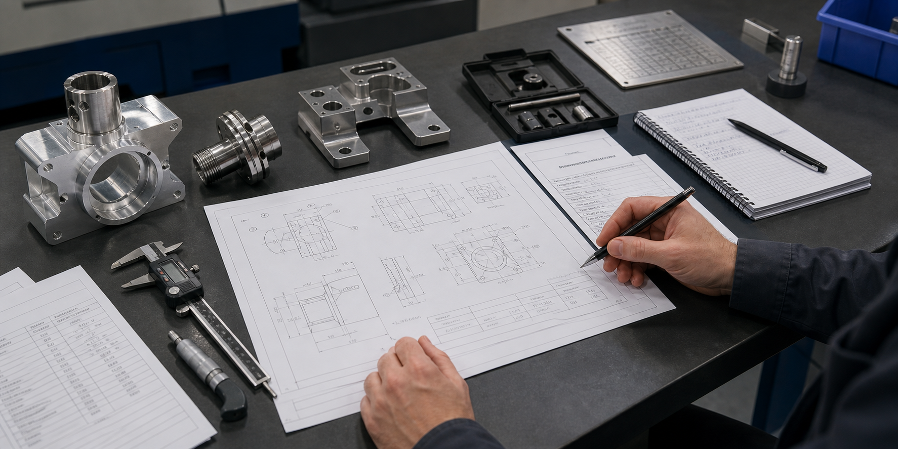 engineer reviewing machined part questions with drawings, materials and inspection notes