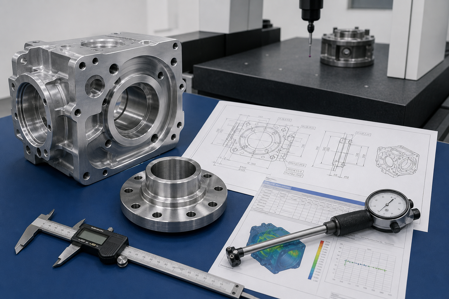 CNC machining tolerances hero Engineer reviewing CNC machining tolerances on a metal part drawing beside calipers and machined components