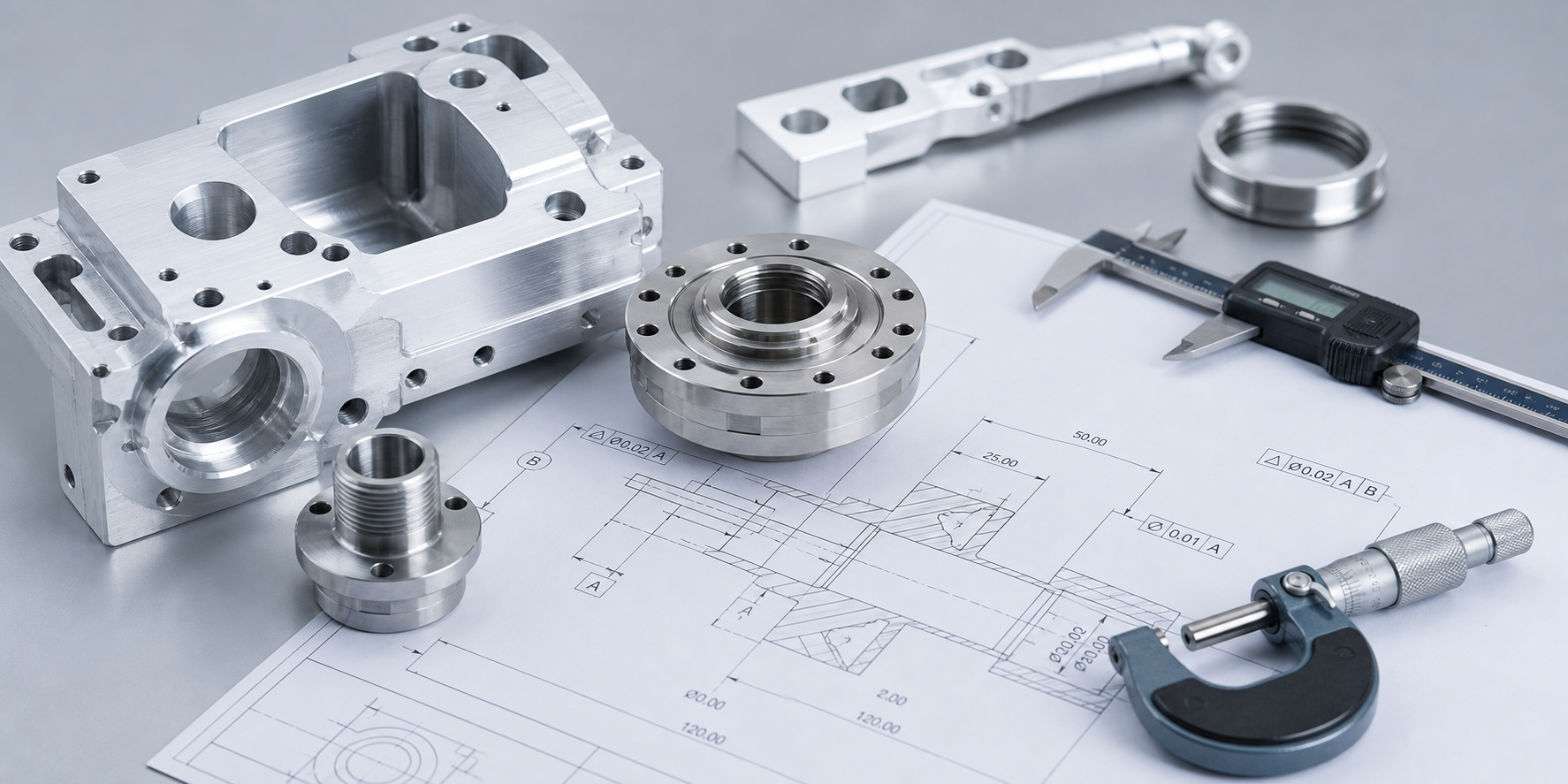 CNC machining tolerances support Machined aluminum and stainless steel parts with dimension callouts and inspection gauges for tolerance planning