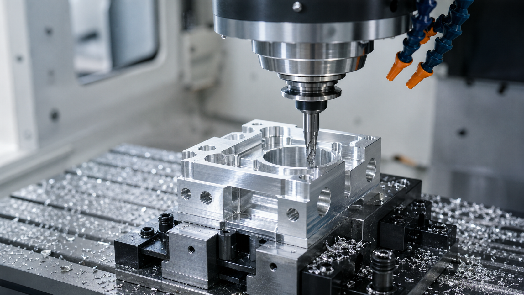 CNC milling machine cutting an aluminum housing block