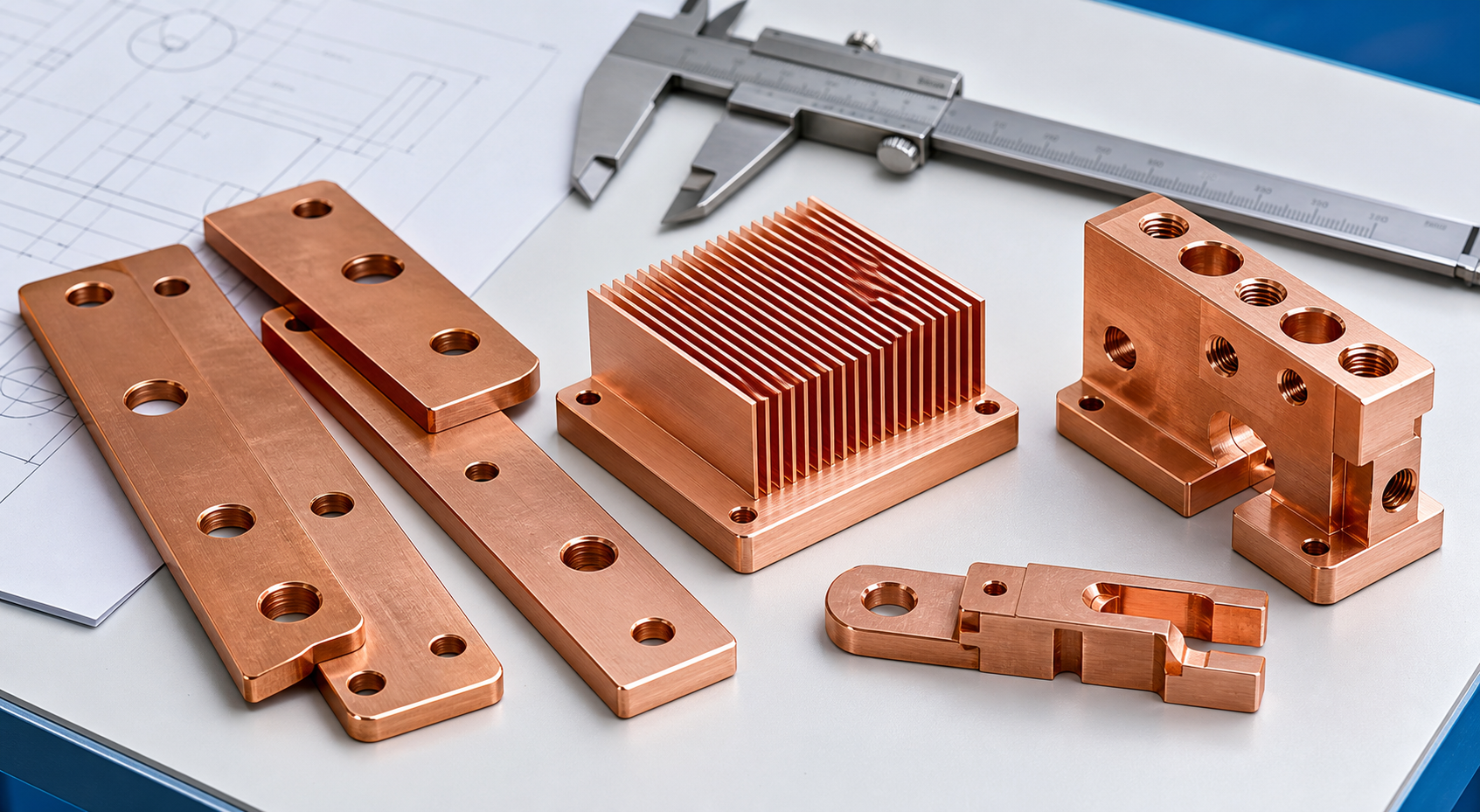 Copper CNC machining hero CNC machined copper busbars heat sinks and conductive parts on an inspection surface