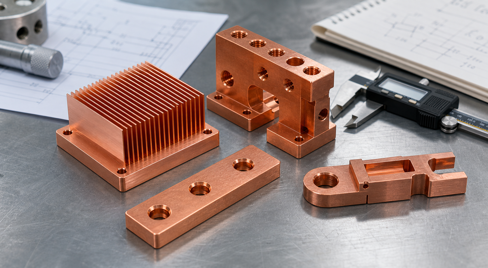 Copper CNC machining support Machined copper heat sink and terminal parts with caliper and inspection setup