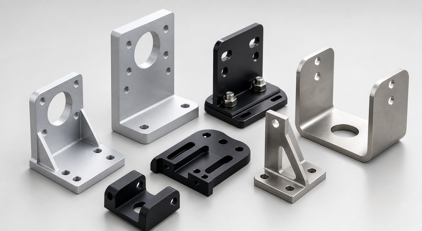 Custom aluminum and stainless steel brackets with machined holes, slots and gusset features