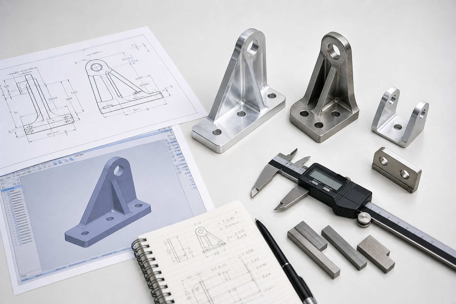 Engineering review of bracket drawings beside finished machined mounting parts and caliper inspection