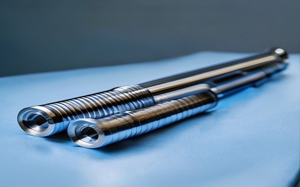 Precision custom turned shafts with stepped diameters threads and bearing journals on a clean industrial bench
