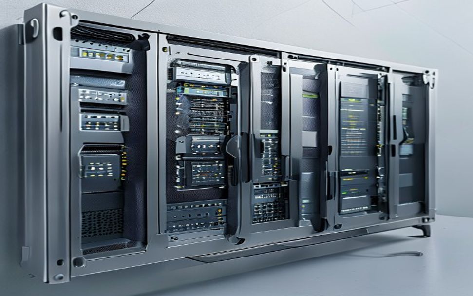 data-center-hardware-parts-ai-hero.png Data-center rack panels brackets and vented sheet metal hardware arranged on a clean assembly bench