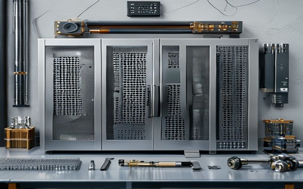 data-center-hardware-parts-ai-support.png Server cabinet sheet metal parts and copper hardware beside drawings and measurement tools