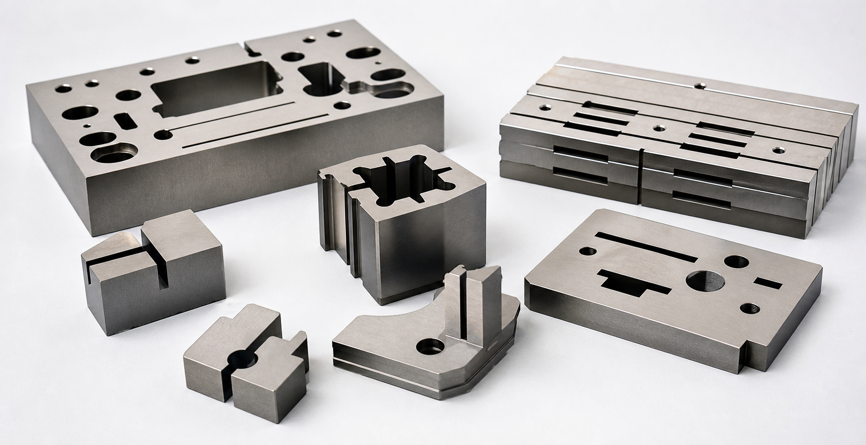 EDM Wire Cutting AI Hero precision wire EDM cut hardened steel inserts and profile-critical metal plates arranged for engineering review