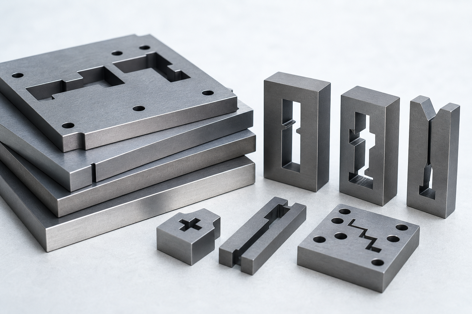 EDM Wire Cutting AI Support wire EDM cut steel tooling plates with narrow slots and precision contours prepared for QA review