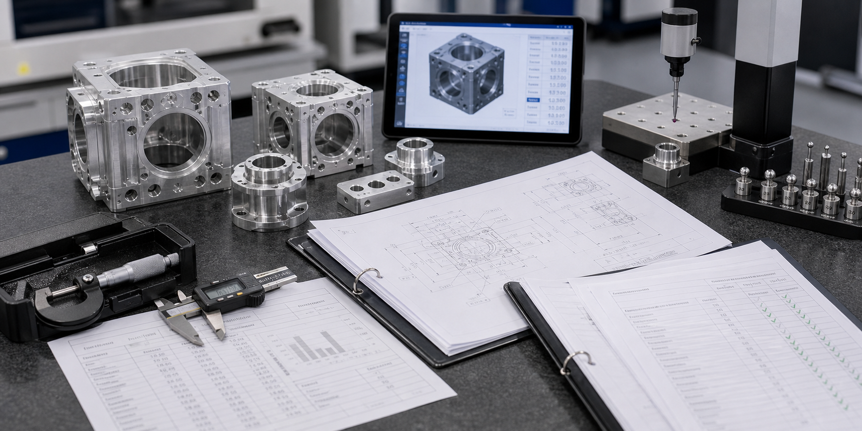 First article inspection setup with machined parts, balloon drawing, measurement tools and approval paperwork