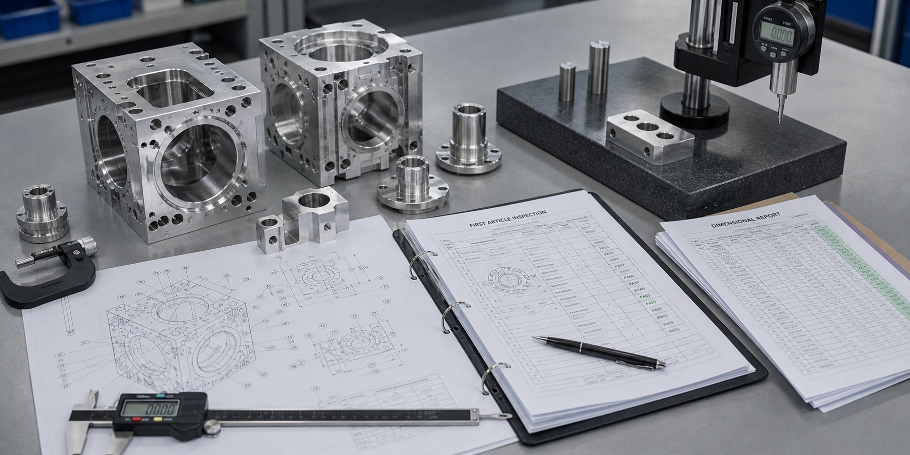 Machined parts beside first article inspection report, dimensional report and metrology setup