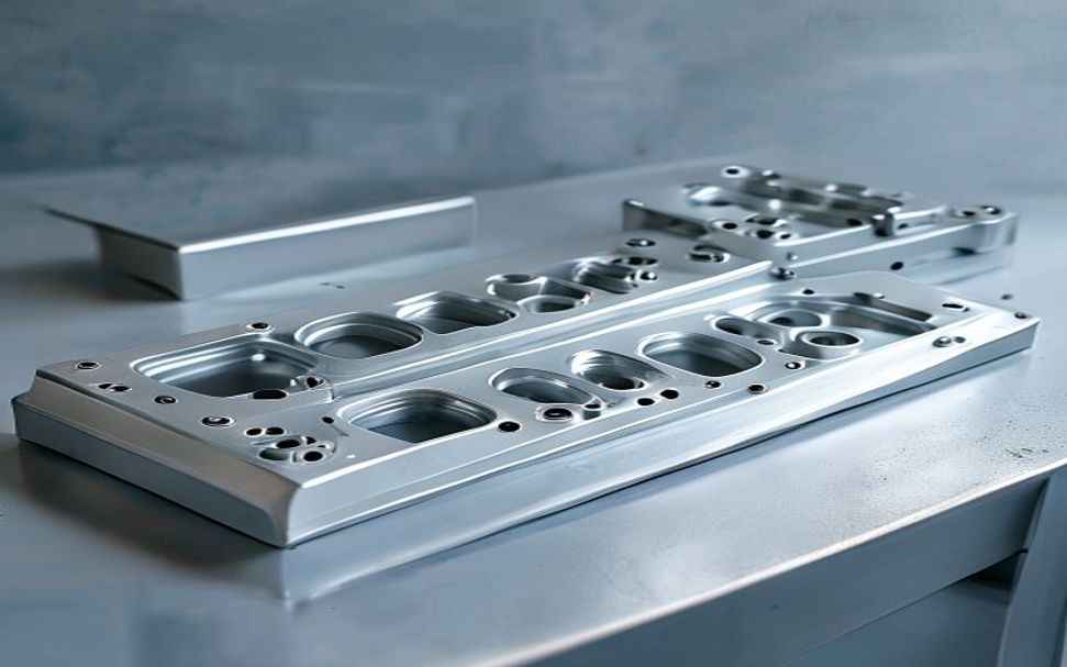 Custom machined fixture plates with hole grids dowel locations and clamping features on an engineering bench