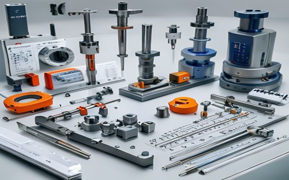 Precision tooling plate and inspection fixture components beside drawings gauges and setup tools