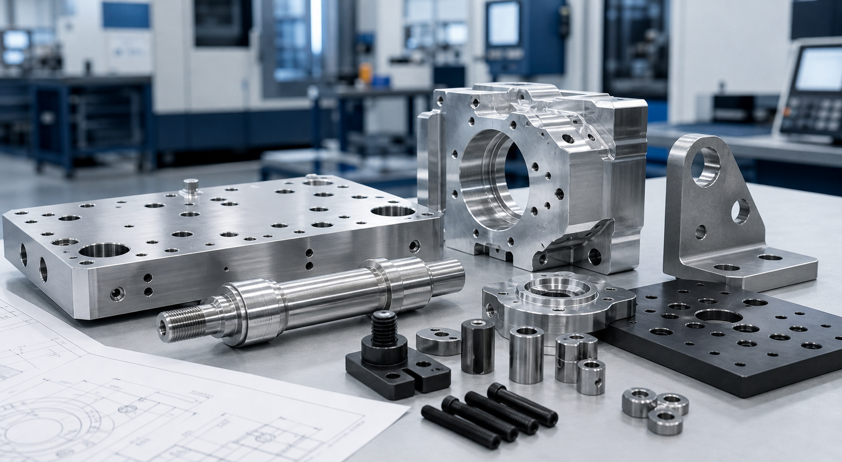 Industrial equipment parts hero Industrial equipment machined parts including housings, brackets, shafts and tooling plates arranged for OEM machinery review