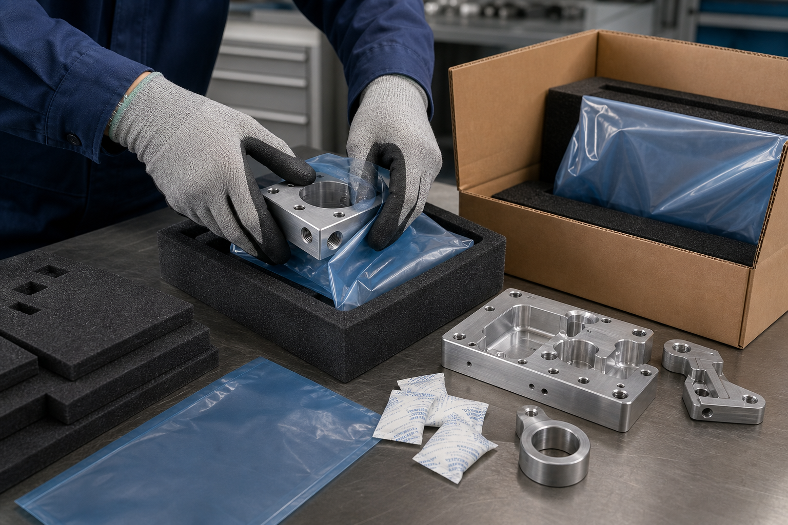 protective export packaging for precision machined parts with foam separators and labeled carton