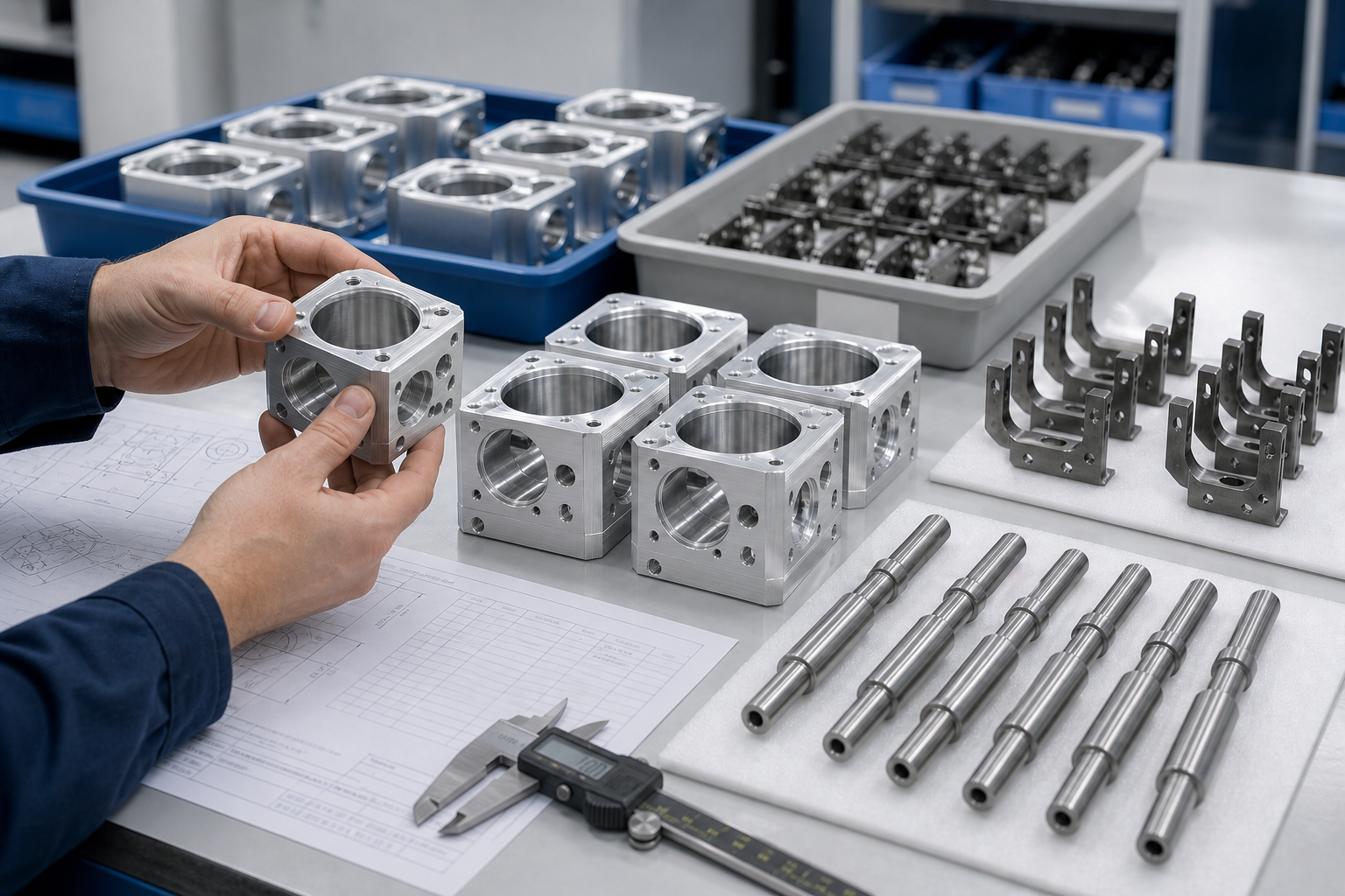 engineer reviewing repeat small-batch CNC machined housings, brackets and inspection paperwork for bridge production