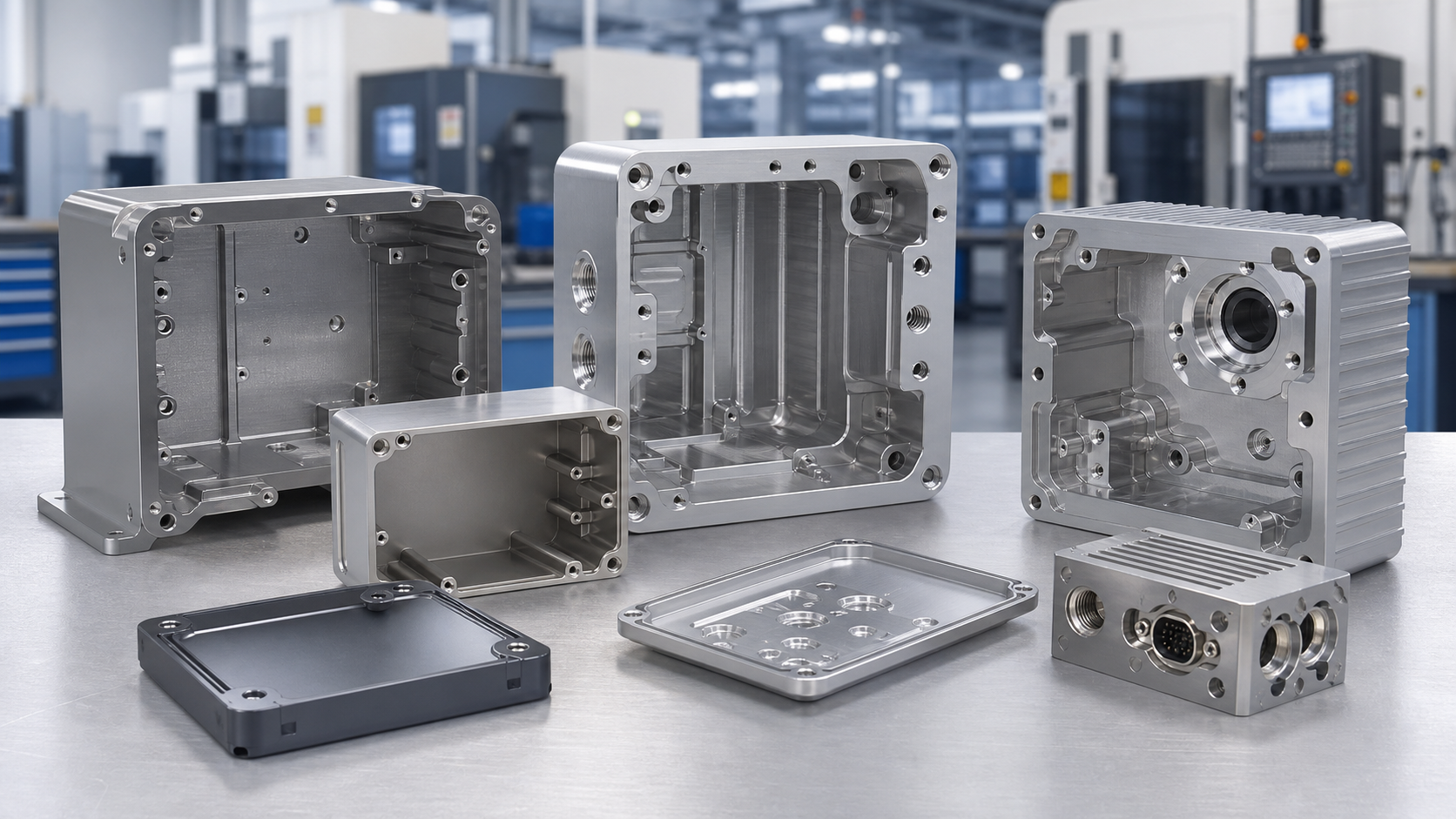 Machined housings enclosures hero CNC machined aluminum housing bodies with pocketed cavities, threaded holes and cover features