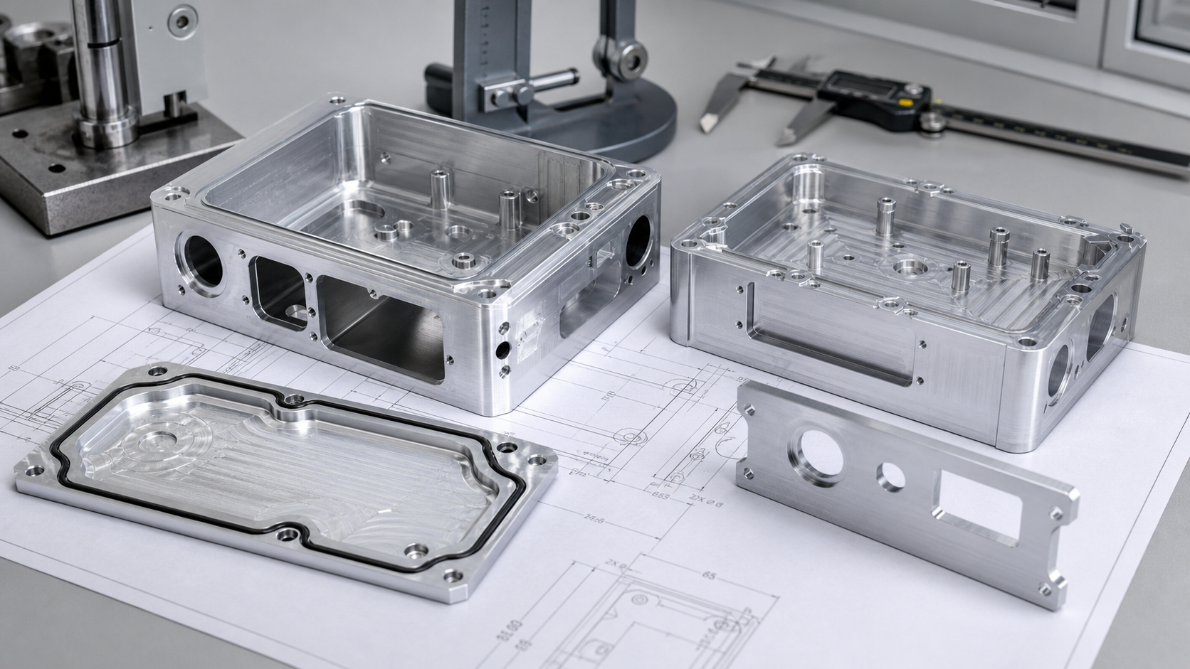 Machined housings enclosures support Engineering review of machined enclosure components beside drawings and inspection notes