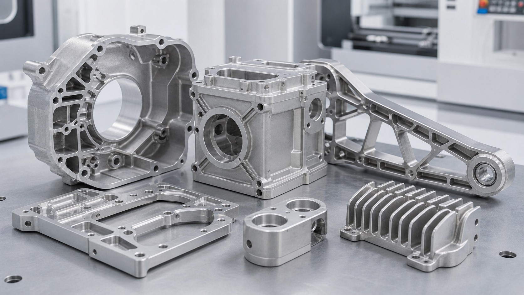 Lightweight magnesium alloy CNC machined housings brackets and ribbed structural parts on an engineering bench