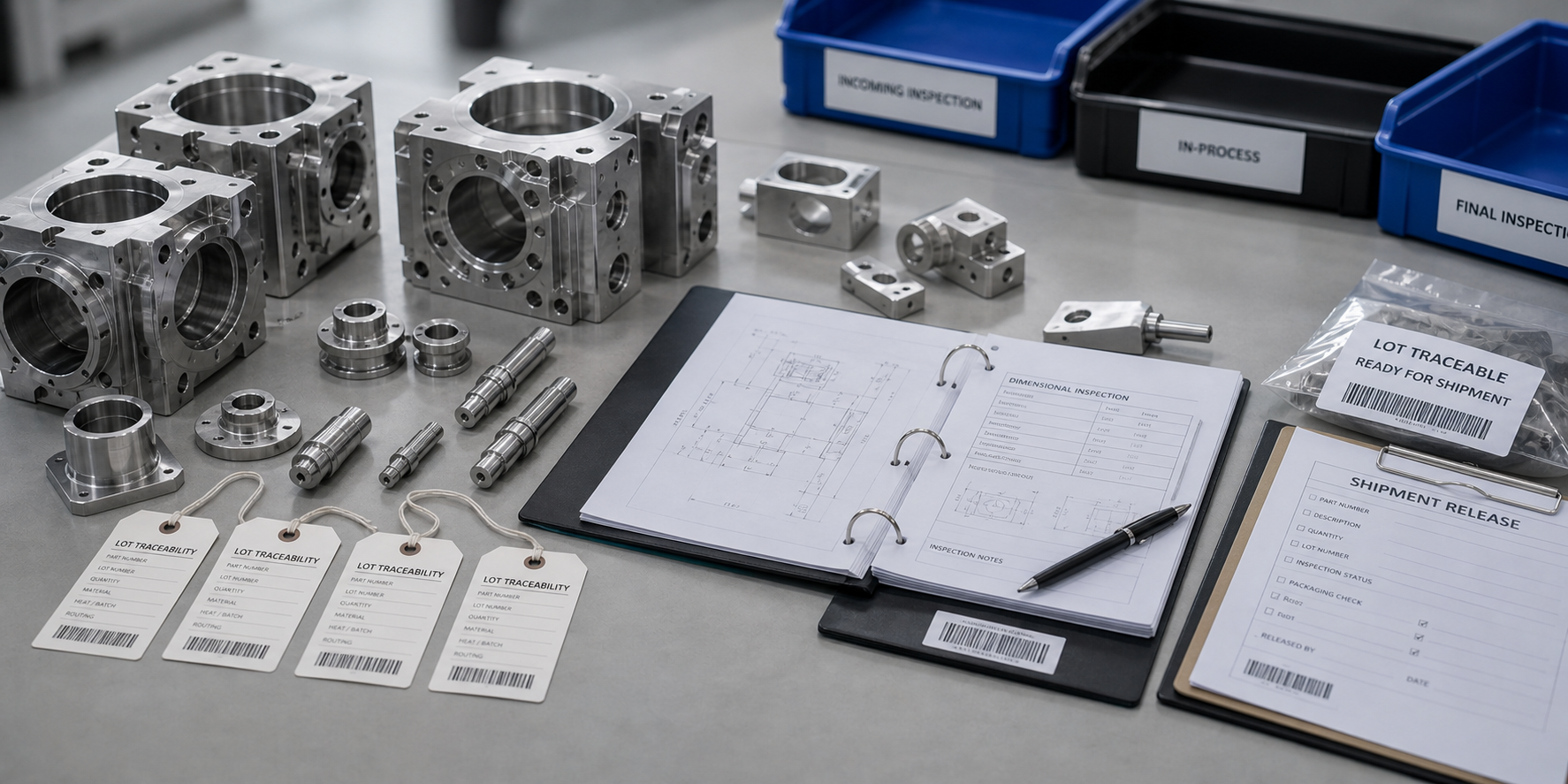 Machined metal parts with traceability tags, barcode labels and material certificate paperwork for CNC machining orders