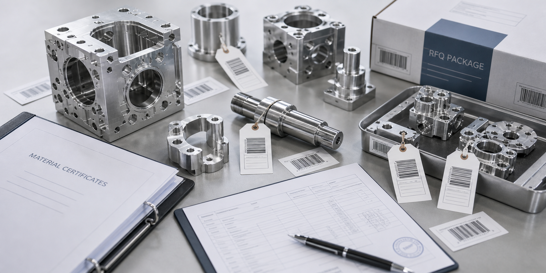 Machined metal parts beside material certificate binder, barcode tags and RFQ package for traceable CNC supply