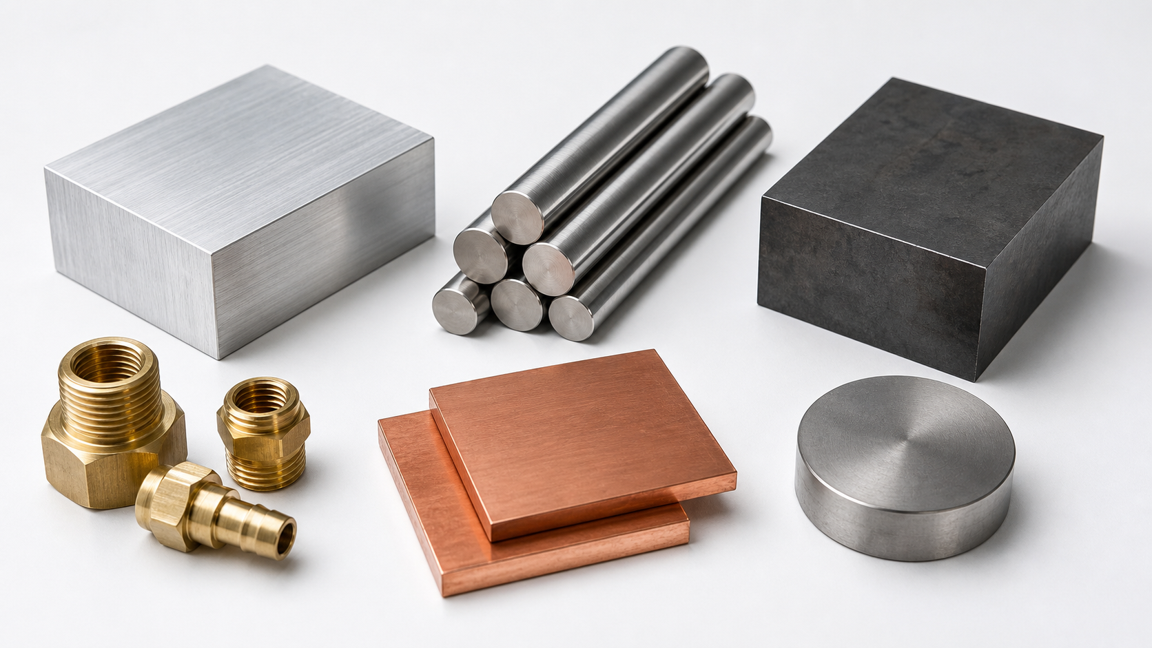 Aluminum stainless steel carbon steel brass copper and titanium samples for CNC machining