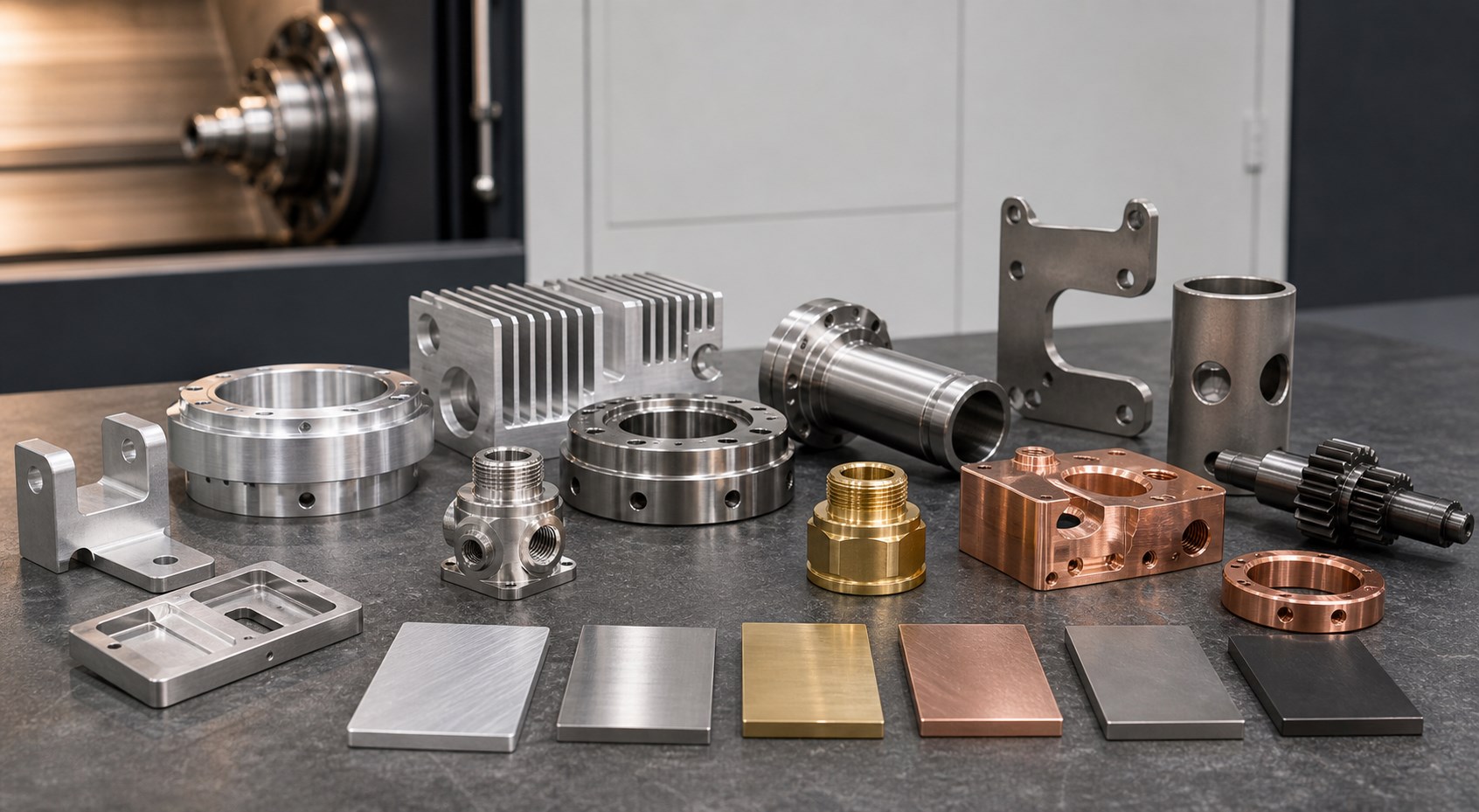 Machined sample parts made from aluminum stainless steel brass copper titanium and steel arranged for metal selection review