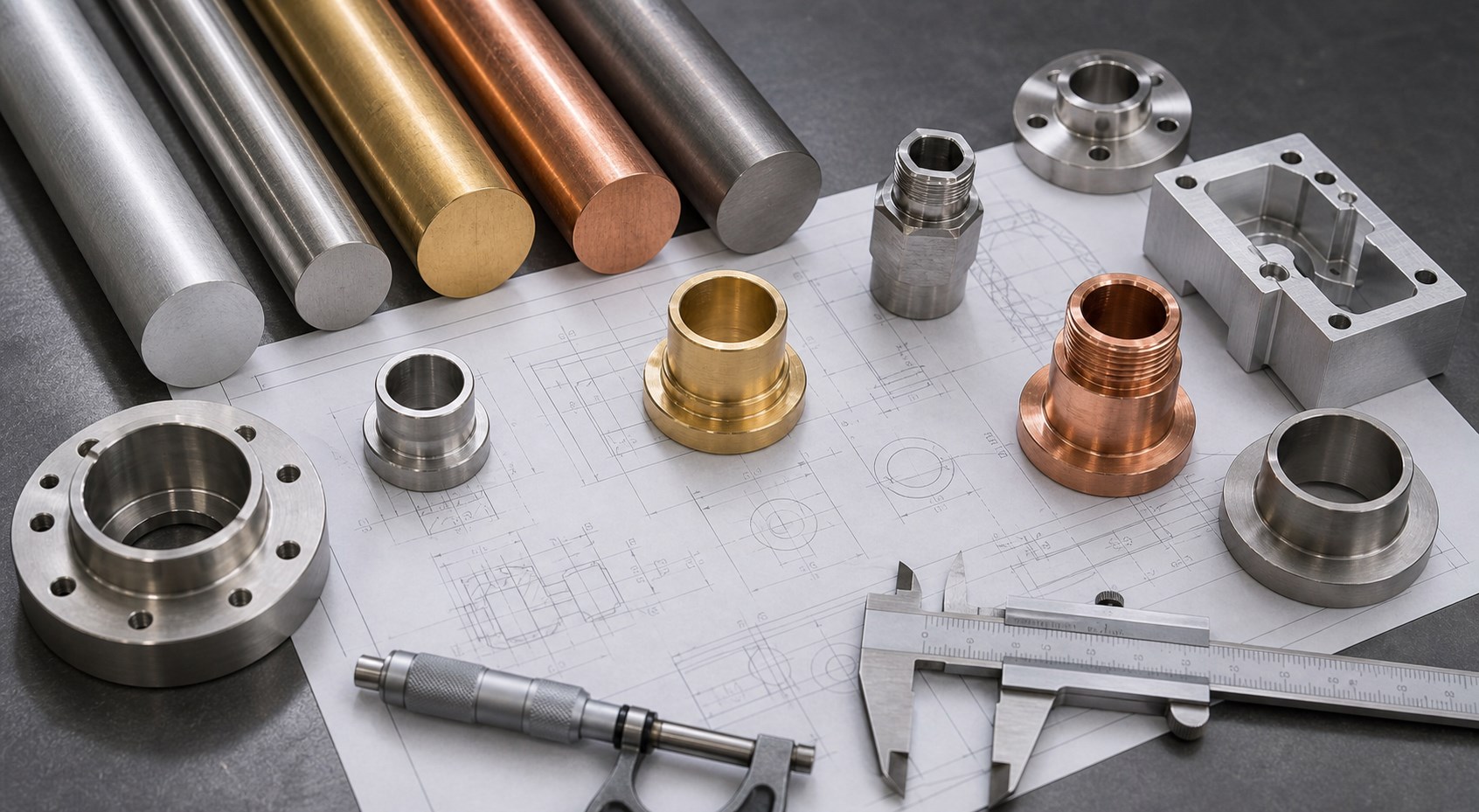 Engineering drawing with machined metal samples calipers and material bars used for CNC material comparison
