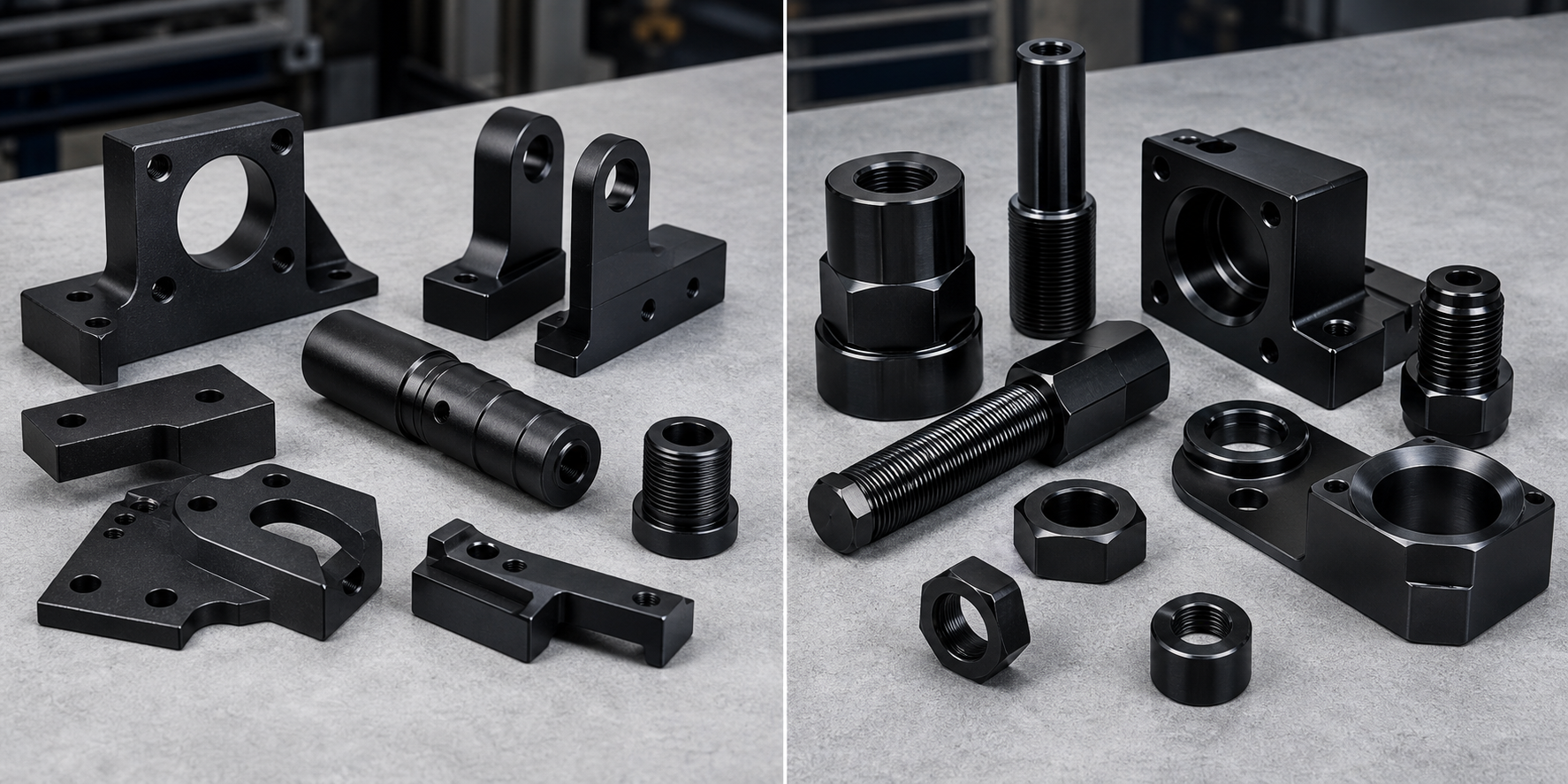 plating-black-oxide-ai-hero.png Black oxide steel machined parts and black zinc plated hardware shown side by side on a clean industrial bench