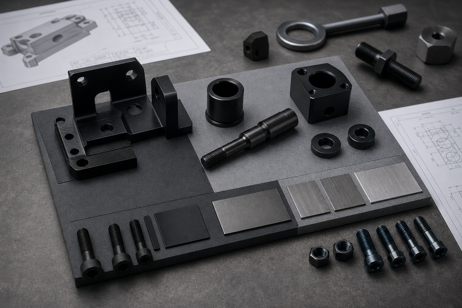 plating-black-oxide-ai-support.png Finish sample board showing black oxide steel parts and black zinc plated comparison samples for machined components