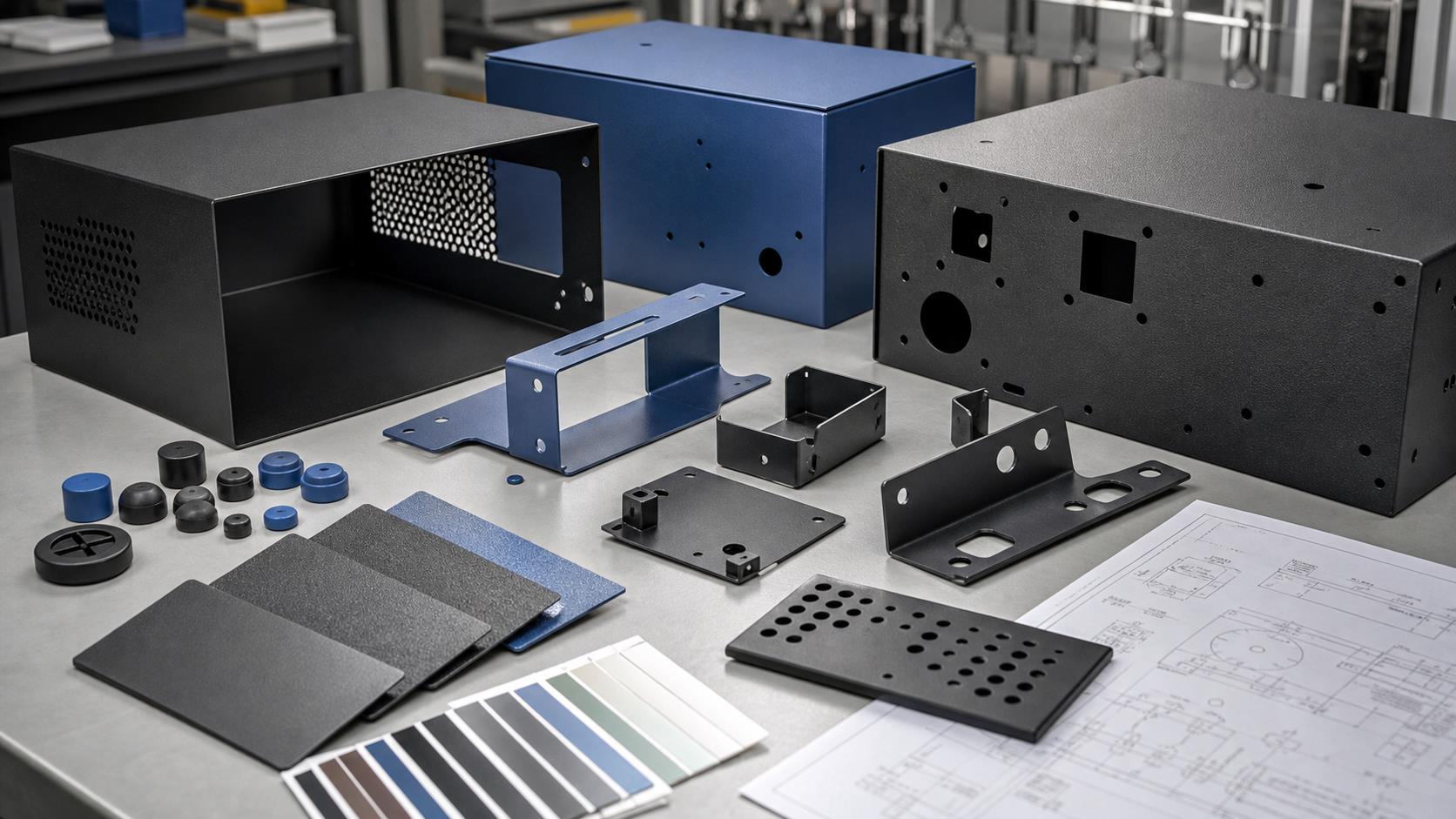 Engineering review of coated metal enclosures brackets and sample finish swatches with masking notes and RAL color selection