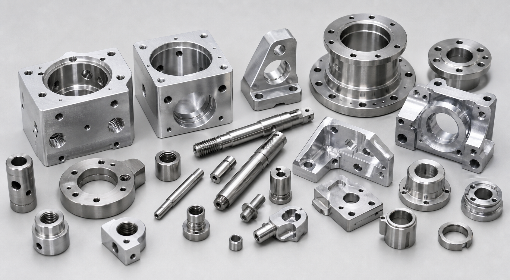 precision-cnc-machining-ai-hero.png AI generated precision CNC machined housings brackets and cylindrical components on a clean surface