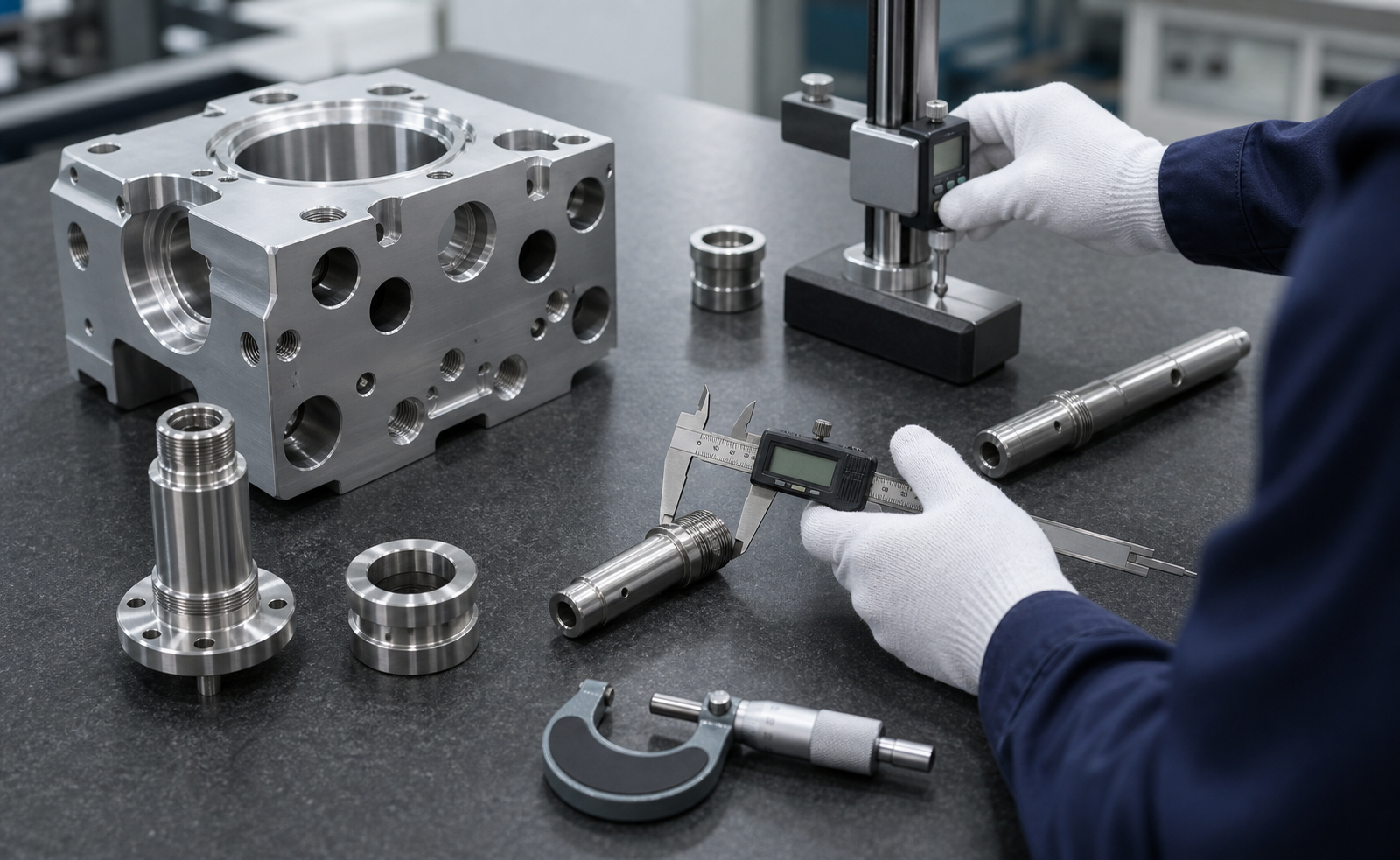 precision-cnc-machining-ai-inspection.png AI generated metrology inspection for a precision machined housing and turned components