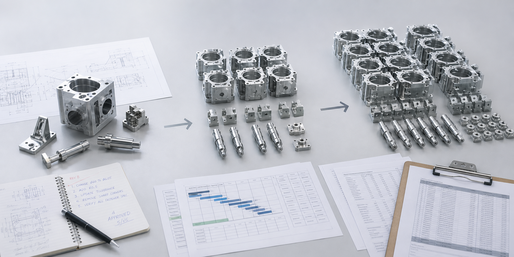 CNC machined parts staged from drawing review through production release for quality control planning