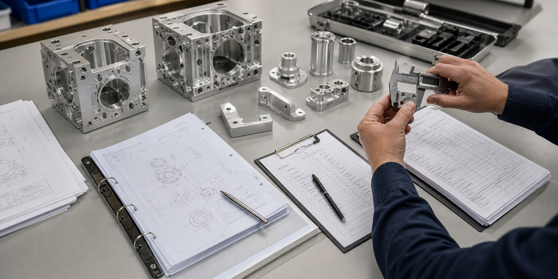 Inspector measuring a custom machined part with caliper beside drawings and release documents