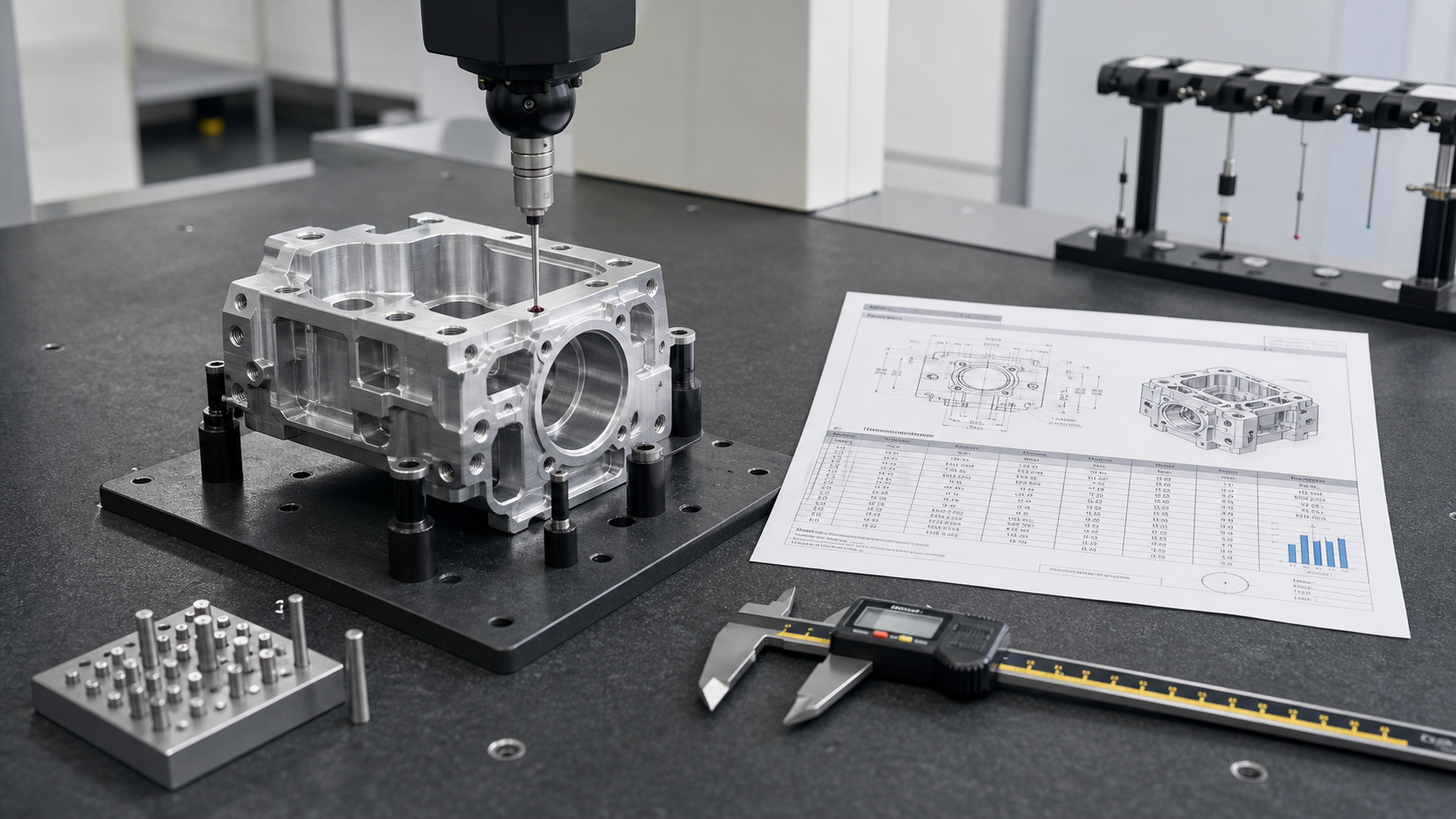 CMM inspection of a precision CNC machined aluminum housing with dimensional report