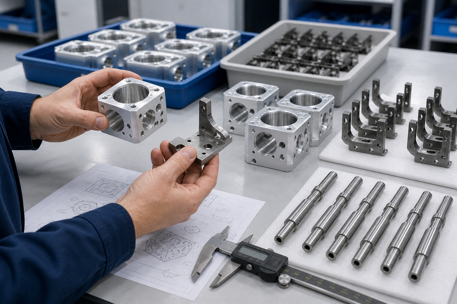 engineer comparing early metal prototypes with drawing notes and measurement tools