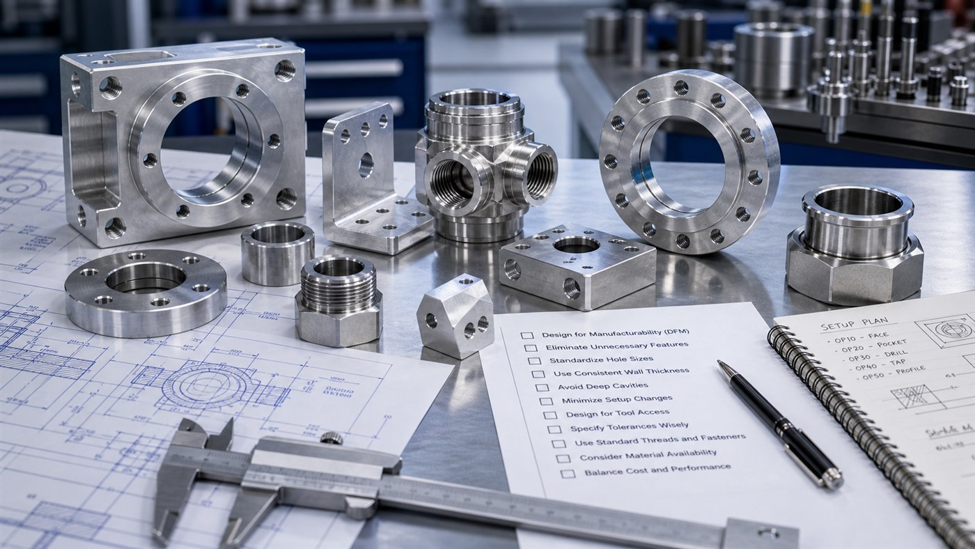 reduce-cnc-machining-cost-ai-hero.jpg CNC machined metal parts with engineering cost reduction notes and DFM checklist on a workbench